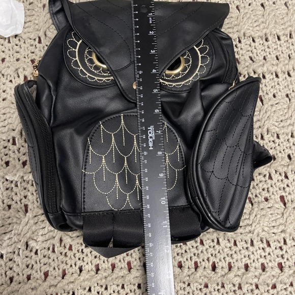 Owl Backpack Black Faux Leather Embroidered Eyes Side Zipper Pockets Cute‎ Bag - Picture 13 of 16